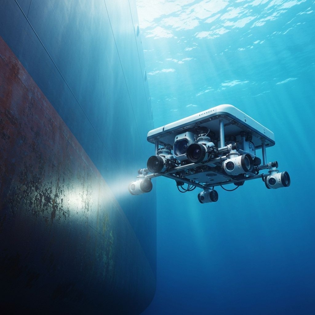 ROV robot performing detailed hull structural assessment underwater