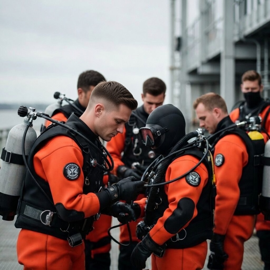 Professional diving team with safety equipment preparing for underwater operations